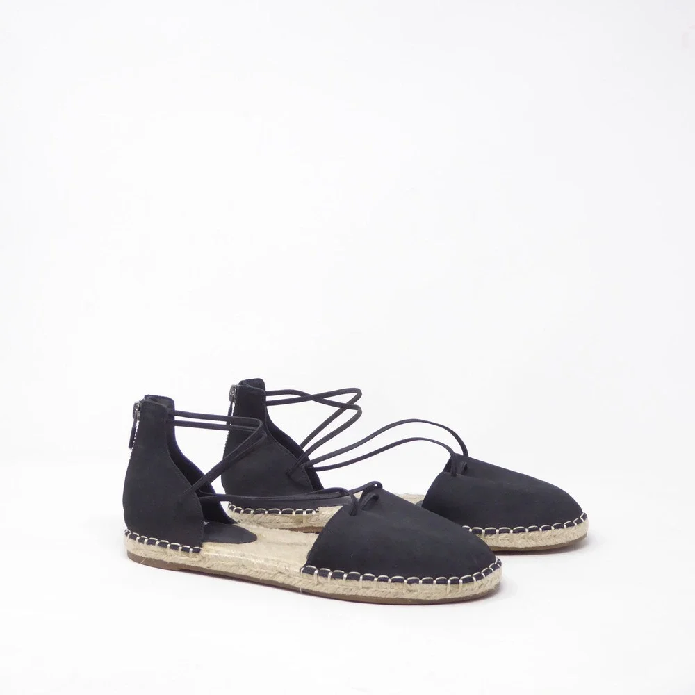 Eileen Fisher Women Espadrille Sandals Black Leather Lace Up Zipper 7.5